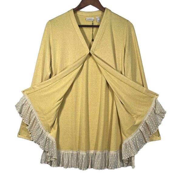 LOGO Lori Goldstein Topper Cardigan Sweater Women Size XS Yellow Hi-Lo Hem - Picture 2 of 16